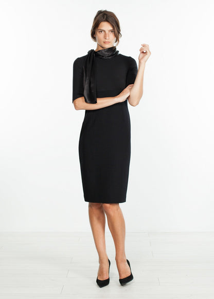 Tie Neck Wool Dress in Black