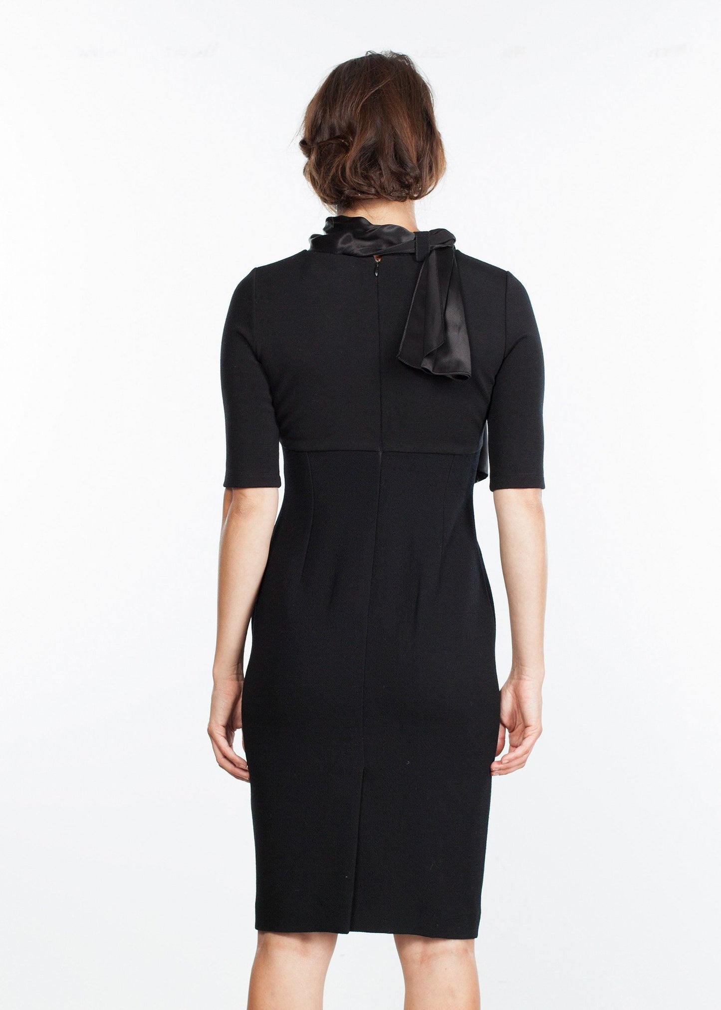 Tie Neck Wool Dress in Black